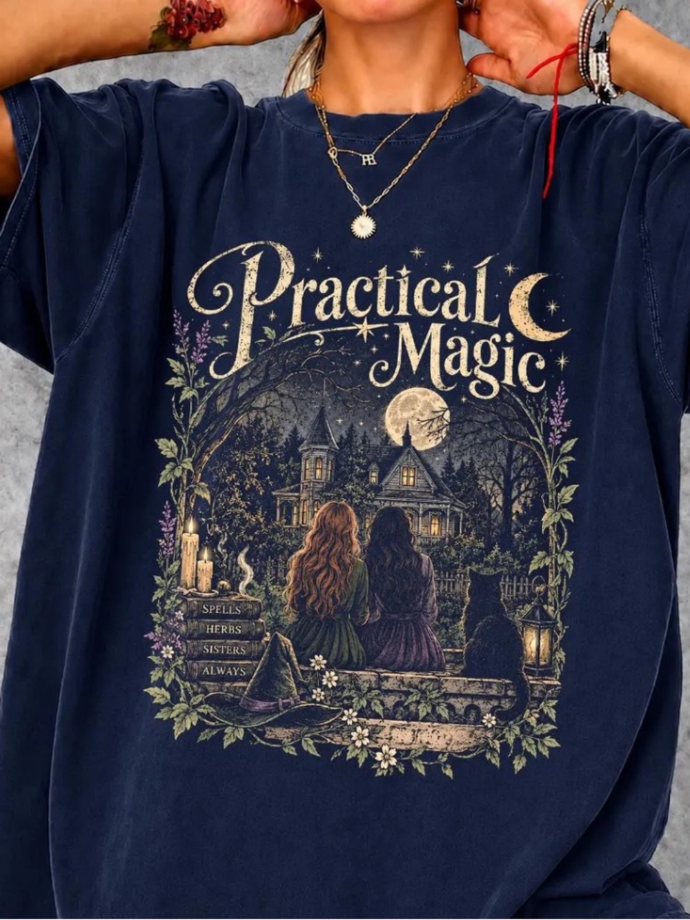 Practical Magic Movie Sisters Owens House Moon Black Cat Spells Herbs Navy T-Shi